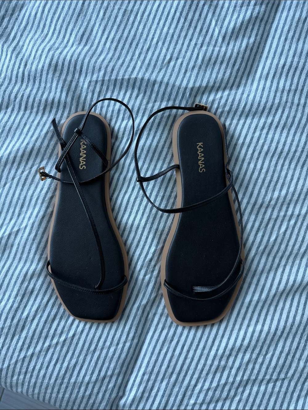 Kaanas Black and Tan Square Toe Strappy Leather Sandals